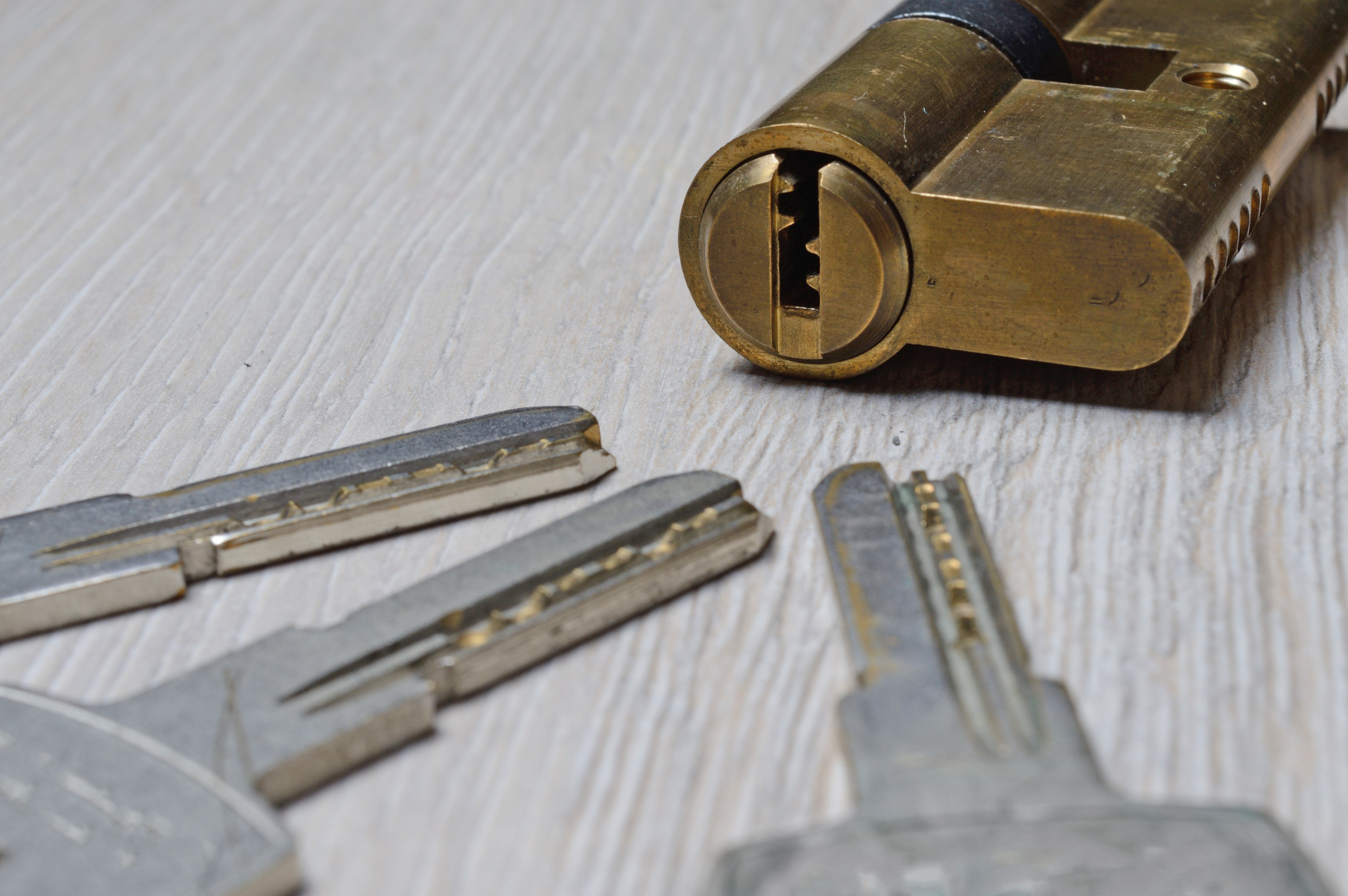 Euro cylinder and keys — locksmith services in Ferring Brass euro cylinder lock with a set of keys on a table