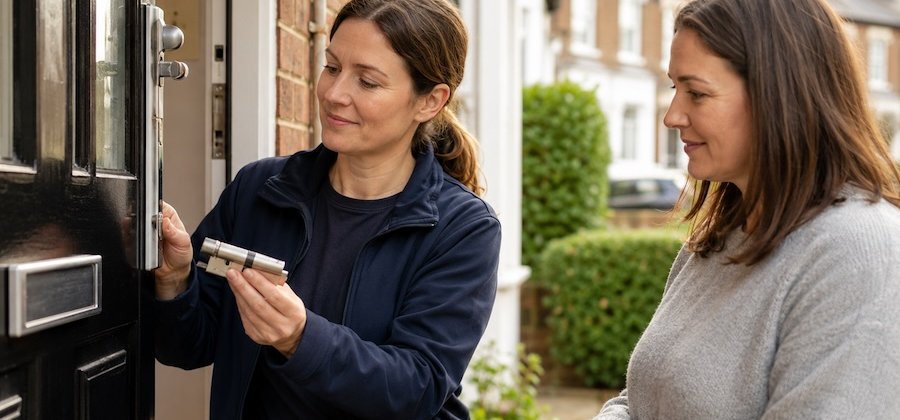 Lady Locksmith Brighton explaining a lock replacement clearly to a customer